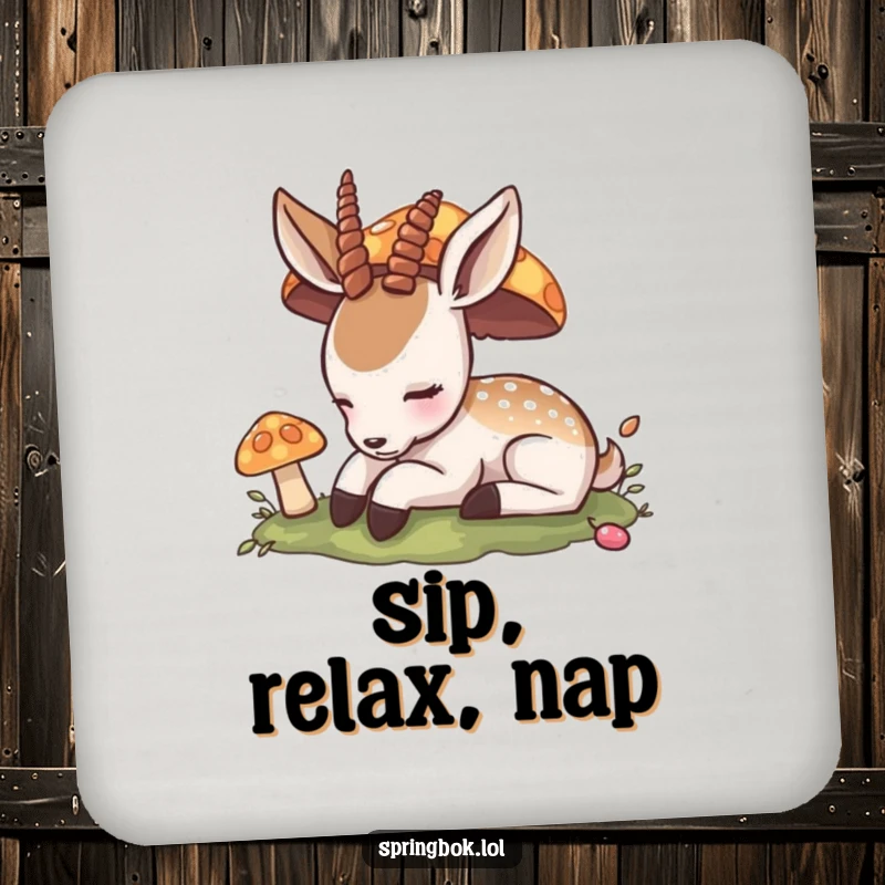 Funny Coaster: A content antelope naps under a mushroom, providing humorous and peaceful protection for your beverages.