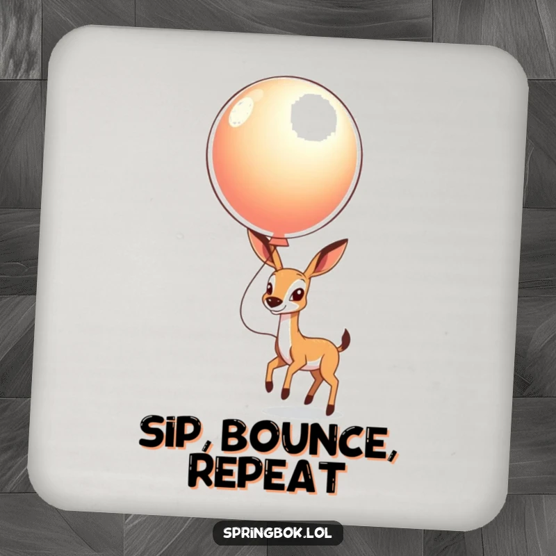 Funny Springbok Balloon Coasters: A springbok happily bouncing a shiny balloon, adding a playful vibe.