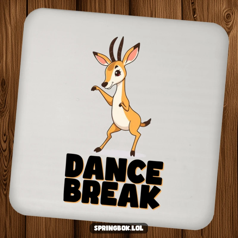 Funny Springbok Drink Coasters featuring a springbok in a humorous, energetic dance, protecting surfaces with a splash of comical flair.
