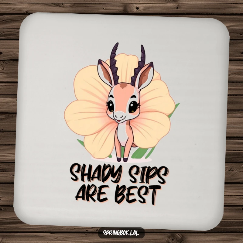 Funny springbok drink coasters featuring a curious springbok peeking from behind a giant flower, adding playful charm to tabletops.
