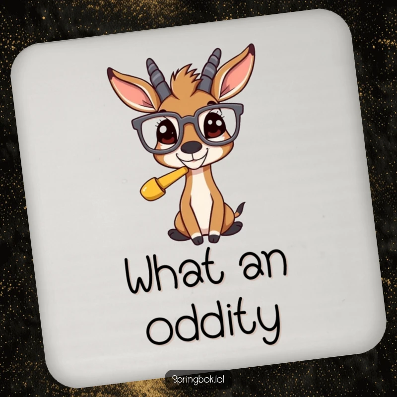 Funny springbok wearing large glasses, looking inquisitively at a comical sight, printed on a protective drink coaster.