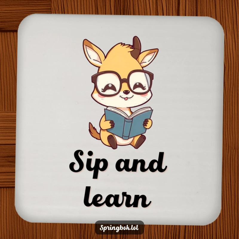 Funny drink coaster showing a springbok character wearing oversized glasses, humorously reading, protecting surfaces with witty art.