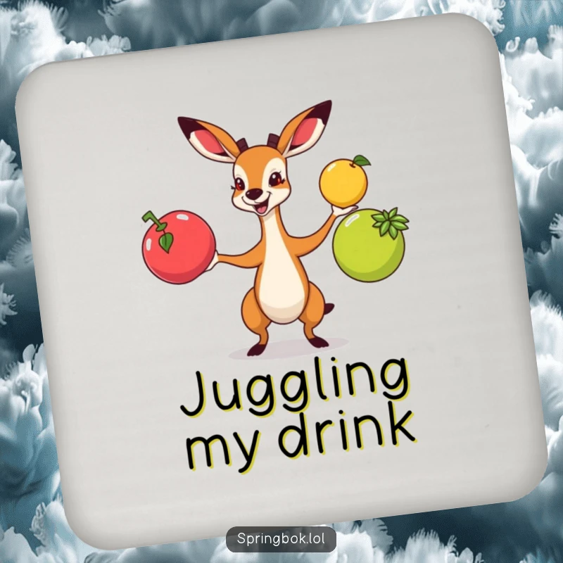 Funny springbok enthusiastically juggling colorful fruits, on a protective and amusing drink coaster.