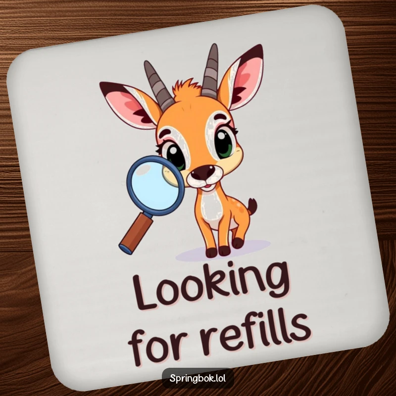 Funny springbok drink coaster, displaying a curious springbok with a magnifying glass, adding a humorous and protective element to any surface.