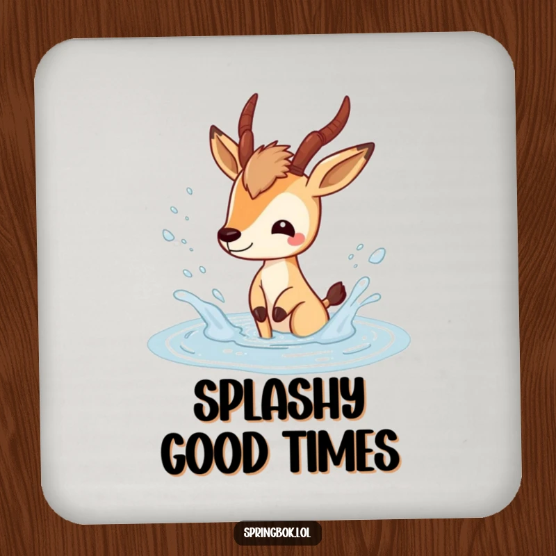 Funny springbok coaster featuring a playful springbok character splashing happily in a puddle, adding playful charm.