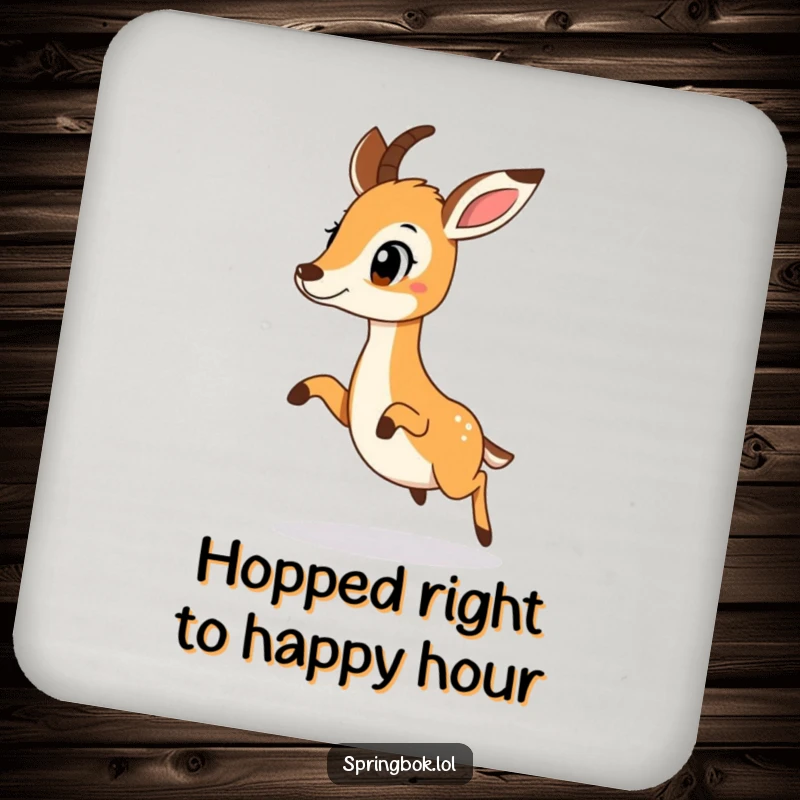 Funny springbok doing a surprised little hop, printed on a protective drink coaster.