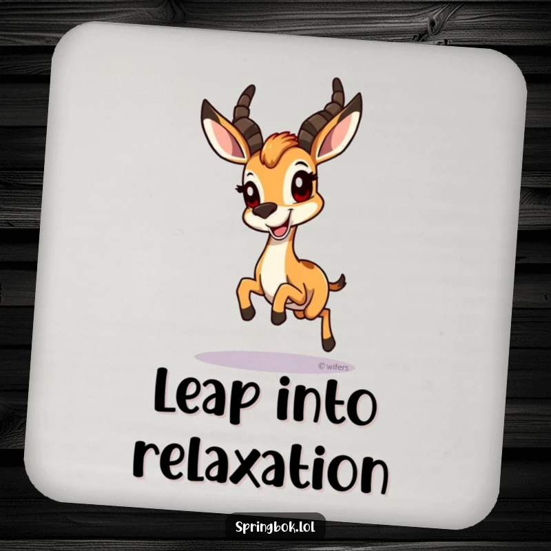 Funny Springbok Coaster: A springbok hopping with a wide grin, a funny and protective accessory for your table.