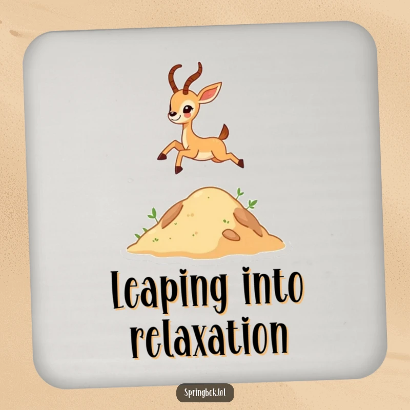 Funny tiny antelope character leaping over a hill on a drink coaster, offering protection with joyful and humorous flair.