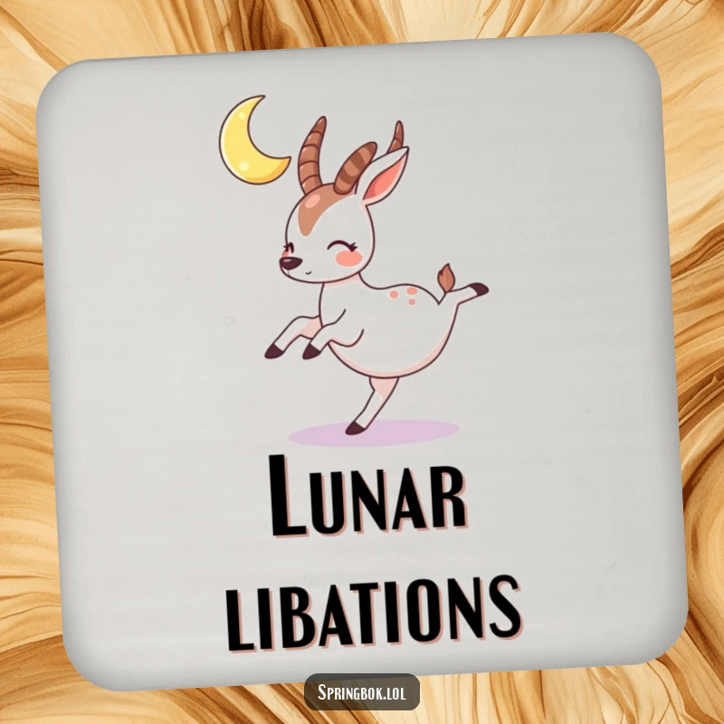 Funny springbok coasters featuring a rosy-cheeked character cartwheeling under a crescent moon, adding whimsical charm.