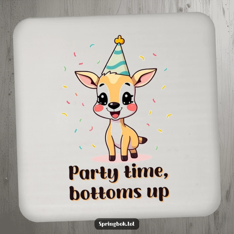 Funny Springbok Drink Coaster featuring a springbok in a party hat, mid-confetti throw. A humorous and protective accessory, great funny gift.
