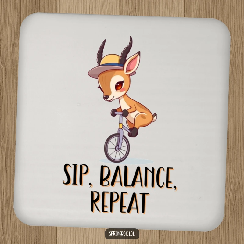 Funny Springbok Unicycle Coasters: A springbok wearing a hat, concentrating on riding a unicycle, adding charm.