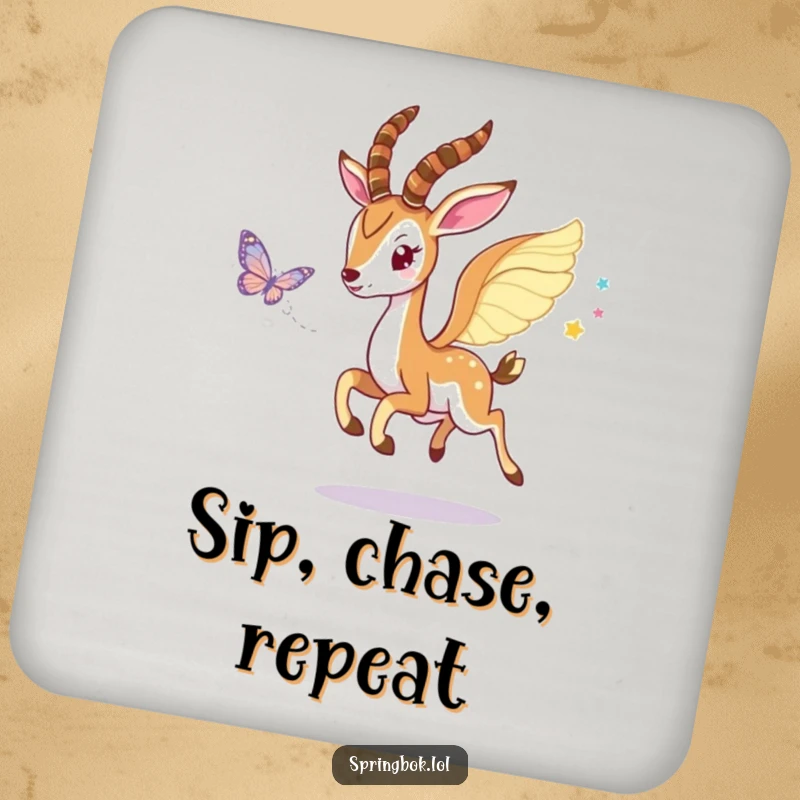 Funny Winged Springbok Coasters: Springbok with wings playfully chasing a butterfly, adding a magical touch.