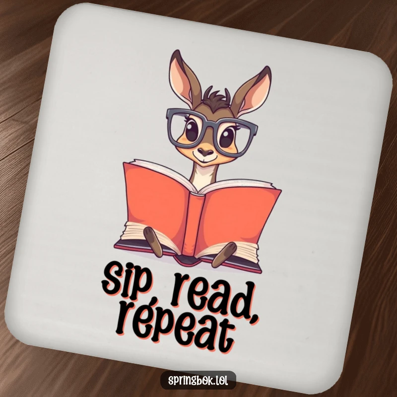 Funny Springbok Glasses Coasters: Springbok wearing oversized glasses, reading a book, adding a smart touch.