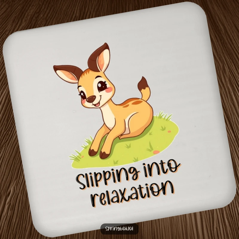Funny springbok coaster with a silly grin sliding down a grassy hill, protecting surfaces with playful humor.