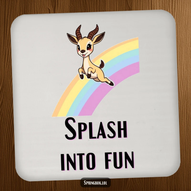 Funny Springbok Rainbow Coaster, featuring a cute springbok leaping joyfully over a rainbow with delighted eyes, perfect for drinks and table protection.