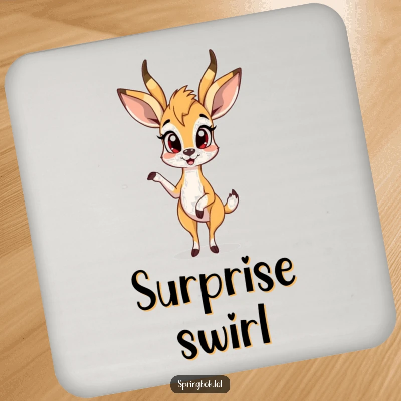 Funny springbok coaster displays a springbok in a surprised pose with one leg up, adding humorous protection.