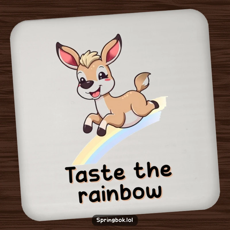 Funny springbok rainbow drink coaster, sliding down a rainbow with a grin, perfect for surface protection and funny gifts.