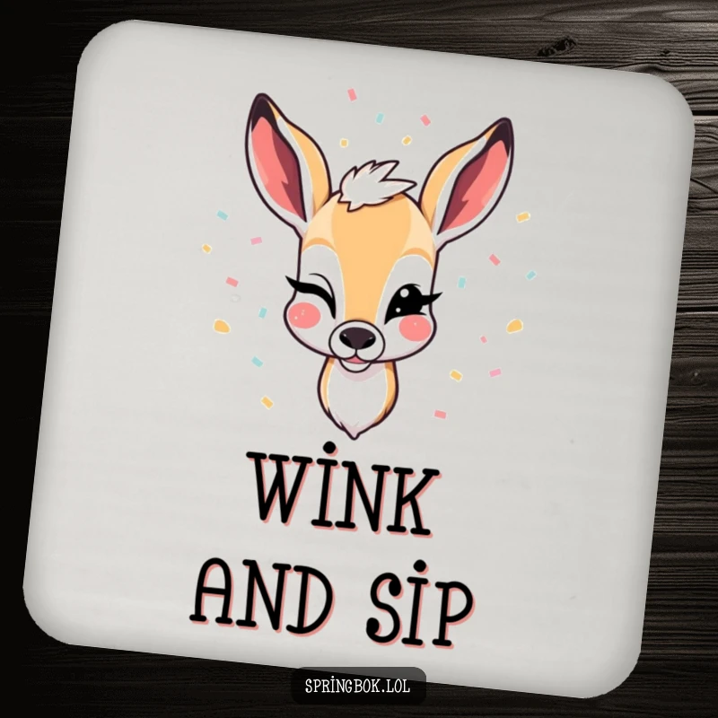 Funny drink coasters depicting a springbok winking with confetti falling, adding festive humor and protection to any surface.