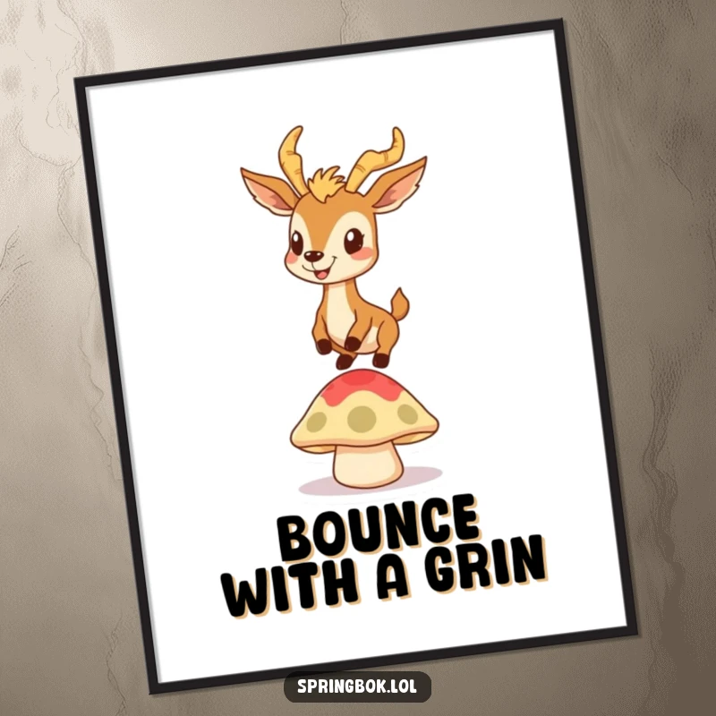 Funny poster art of a springbok with a goofy grin bouncing on a springy mushroom cap, humorous and energetic wall decor.
