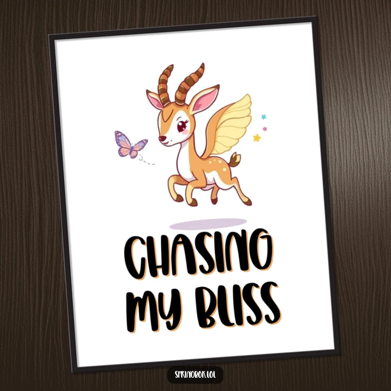 Funny Winged Springbok Poster: A springbok with elegant wings playfully chases a shimmering butterfly.
