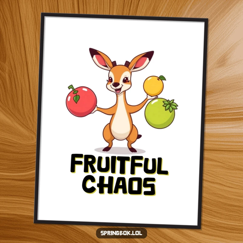 Funny springbok masterfully juggling three colorful fruits with visible enthusiasm, making for lively poster art.