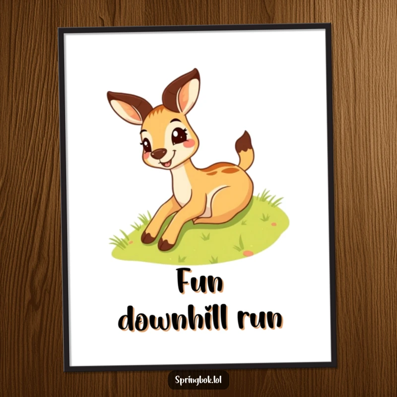 Funny springbok poster of a silly springbok with a wide grin sliding down a grassy hill, adding whimsical decor.