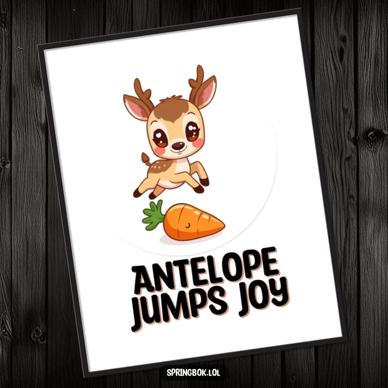 Funny poster art of a round antelope with friendly eyes leaping over a tiny carrot, whimsical and cheerful wall decor.