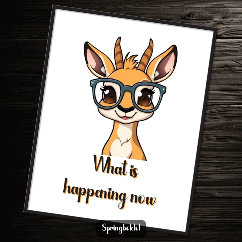 Funny springbok wearing oversized glasses, its expression one of pure bewilderment, for humorous wall art.
