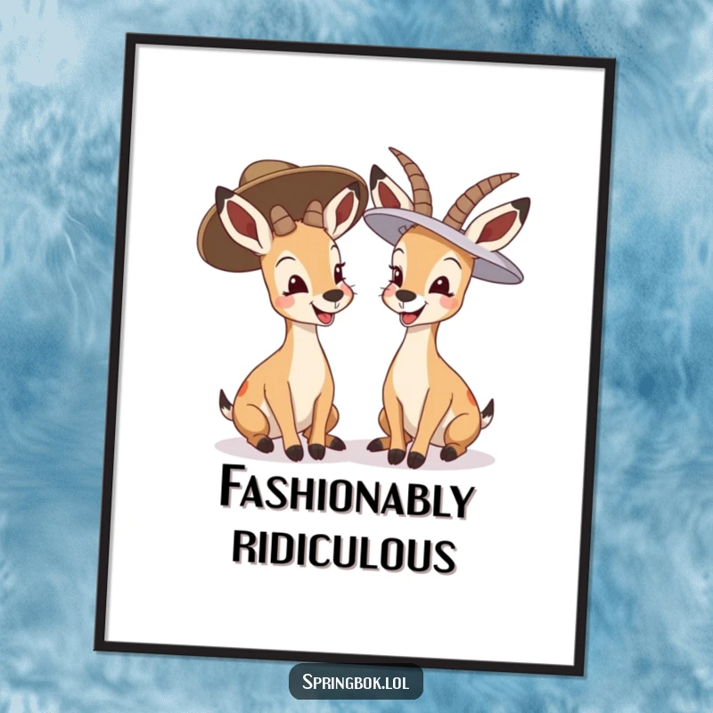 Funny springbok giggling poster, two springboks in oversized hats sharing a laugh, delightful and humorous wall decor.