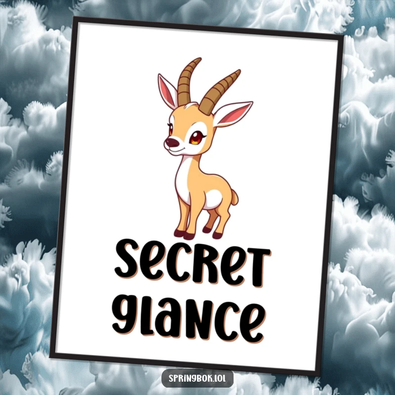 Funny springbok poster shows a springbok character looking curiously over its shoulder, perfect for humorous wall art.