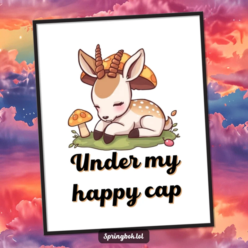 Funny Poster: A contented antelope sleeps soundly under a whimsical mushroom, creating a peaceful and humorous scene for wall art.