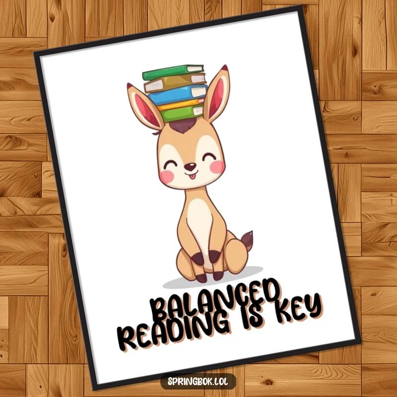 Funny springbok poster showing a whimsical springbok with a happy expression, balancing a stack of vibrant books on its head.