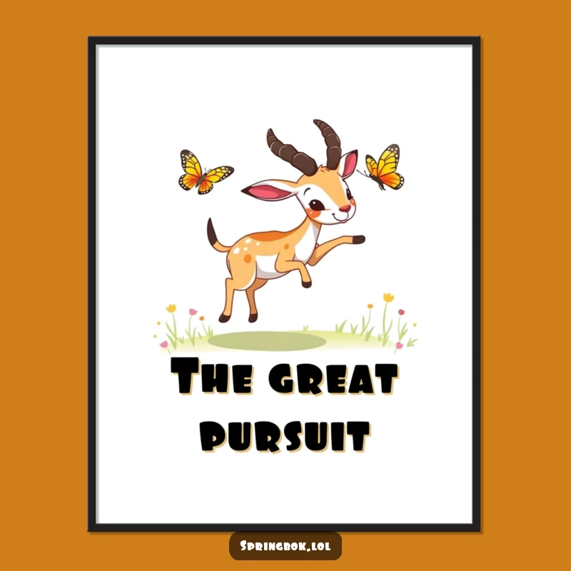 Funny Springbok Butterfly Chase Poster: Playful Antelope Wall Art