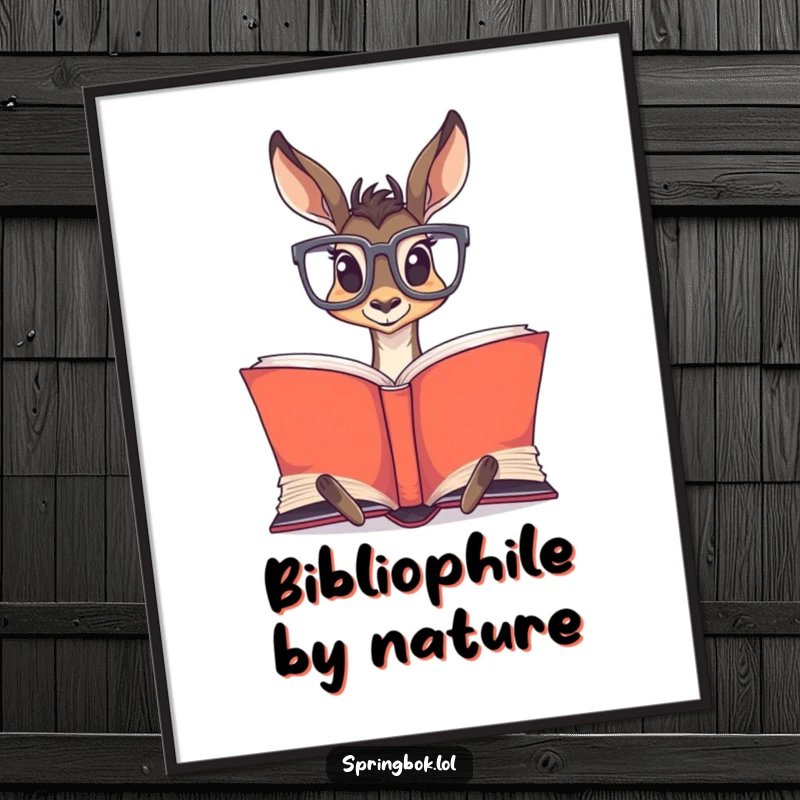 Funny Springbok Glasses Poster: A springbok wearing oversized glasses, absorbed in reading a very large book.