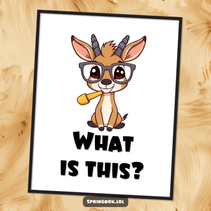 Funny springbok sporting large glasses, fixated on a comical sight, printed as vibrant wall art.