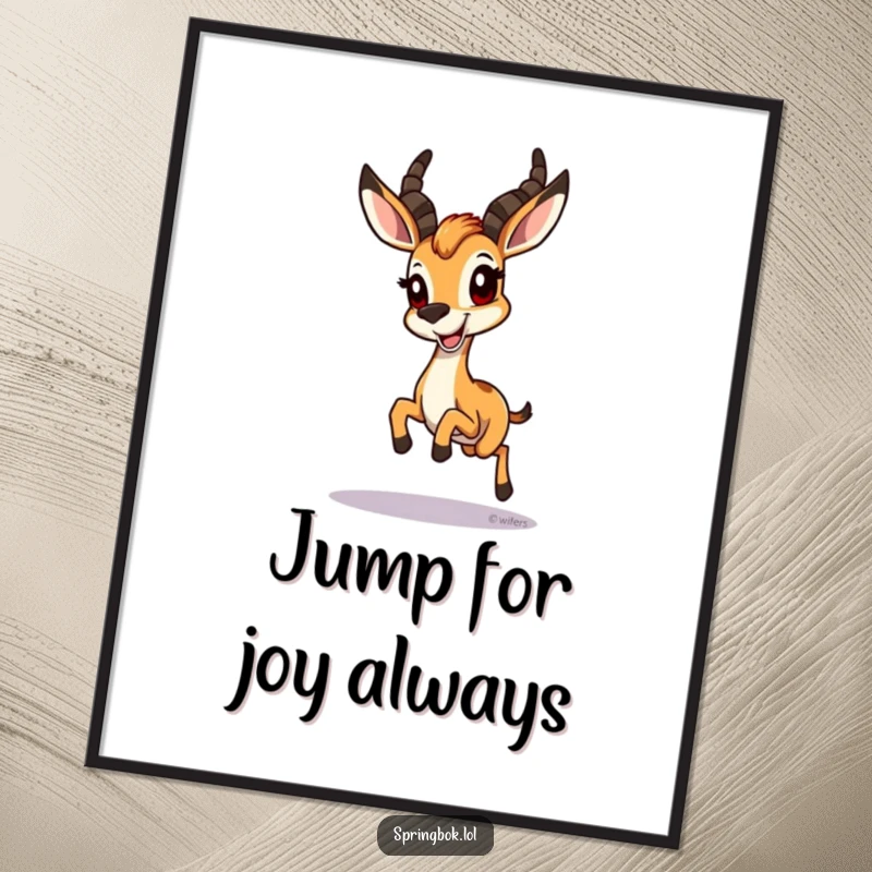 Funny Springbok Poster: A springbok hopping with a wide grin, a vibrant and humorous piece of wall art.