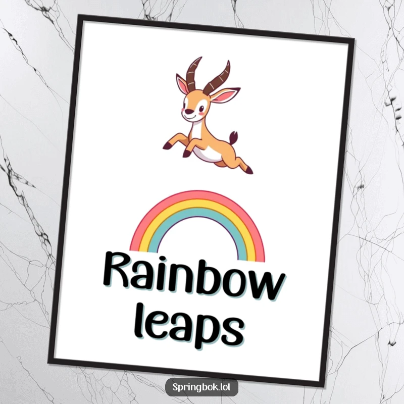 Funny poster featuring a cute springbok jumping enthusiastically over a stylized rainbow, exuding happiness and playful spirit.