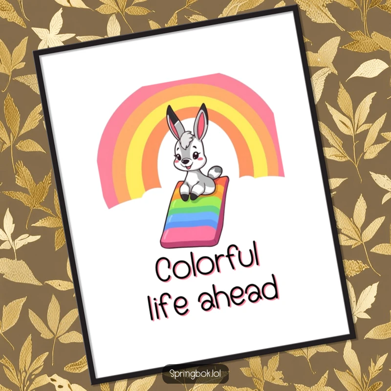 Funny springbok poster, depicting a springbok's exhilarating slide down a colorful rainbow, bringing vibrant joy and playful energy to any wall.