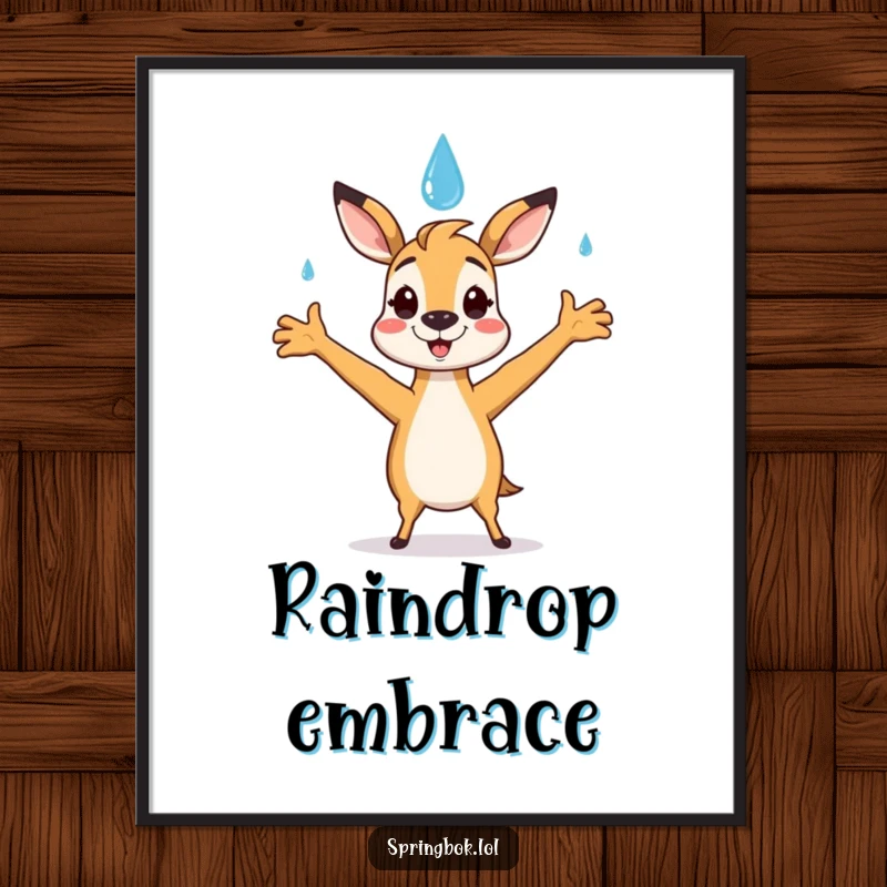 Funny springbok poster depicting a springbok character happily catching a smiling raindrop with open arms, uplifting wall art.