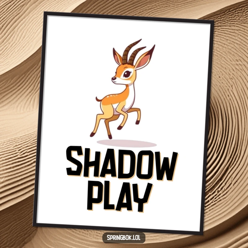 Funny springbok poster shows a playful springbok energetically chasing its shadow, perfect for whimsical wall art.