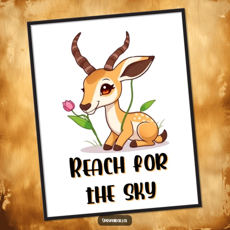 Funny Springbok Poster: A springbok stretching its neck high to nibble a leaf, a humorous and artistic depiction of reaching.