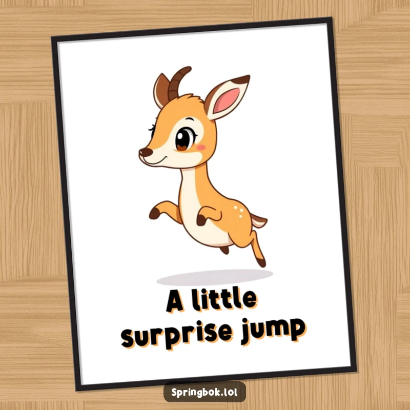 Funny springbok doing a surprised little hop, frozen in a moment of joyful shock, for wall art.