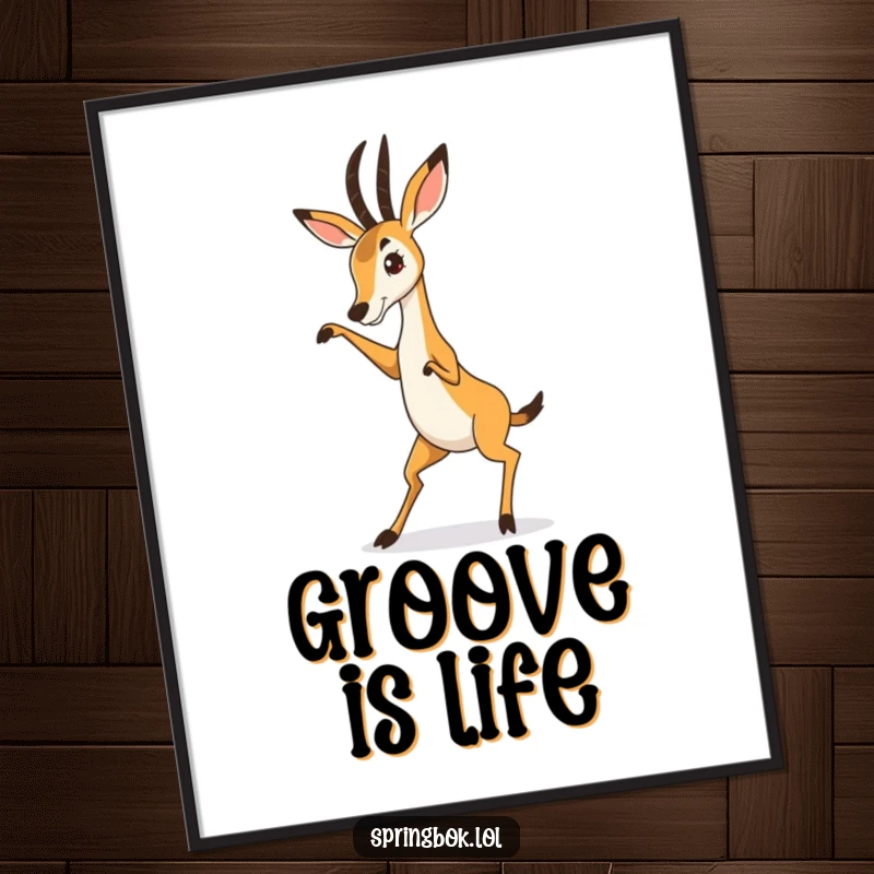 Funny Springbok Poster showing a springbok in a wildly exaggerated, hilarious dance pose, bringing dynamic energy and humor to any room.