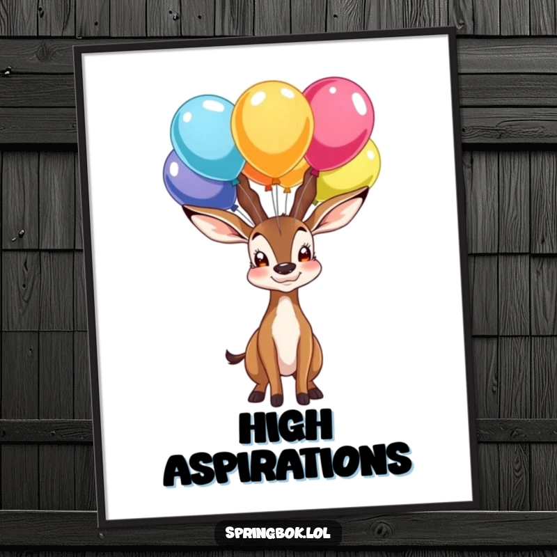 Funny poster art of a proud springbok character balancing multiple colorful balloons on its nose, a lighthearted celebration.