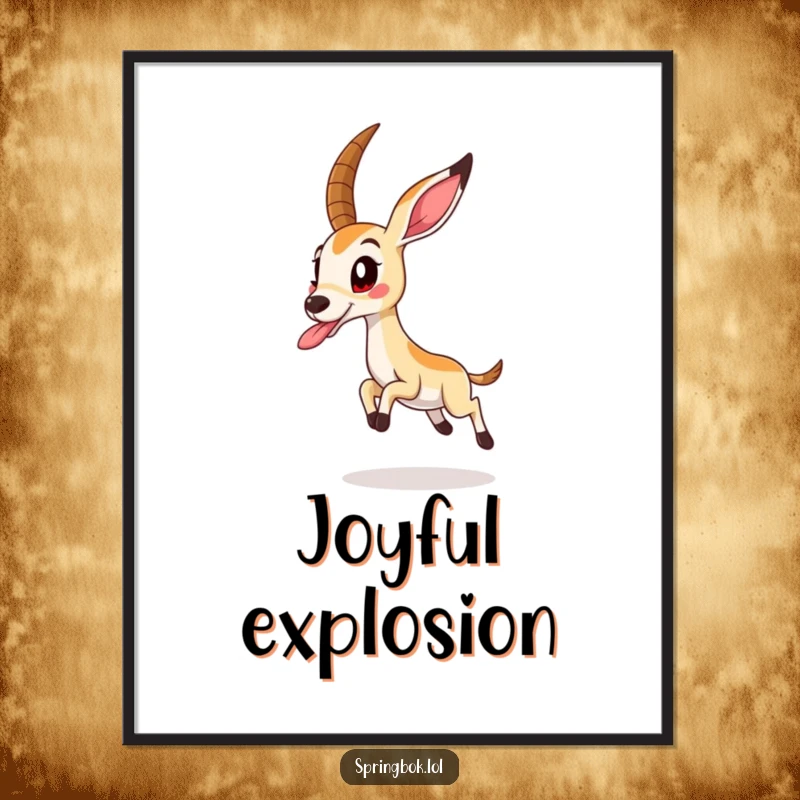 Funny springbok in a dynamic jump pose, tongue sticking out, creating energetic and humorous wall art.