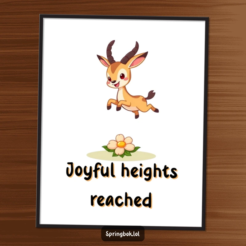 Funny poster art of a cute springbok character joyfully leaping over a small, smiling flower, a whimsical celebration of nature.