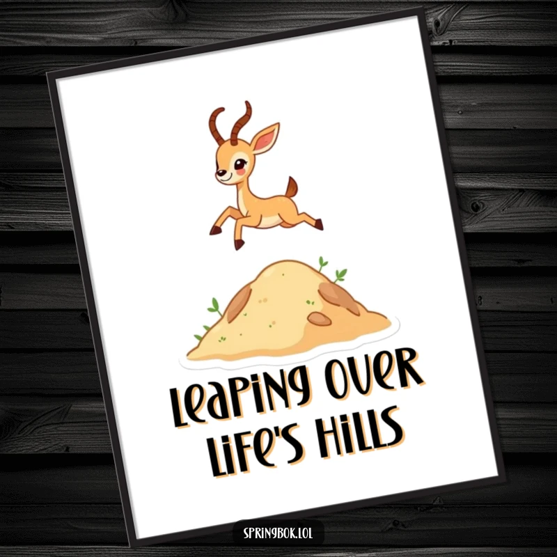 Funny tiny antelope character mid-leap over a hill in a joyful poster, perfect for adding whimsical and humorous decor.