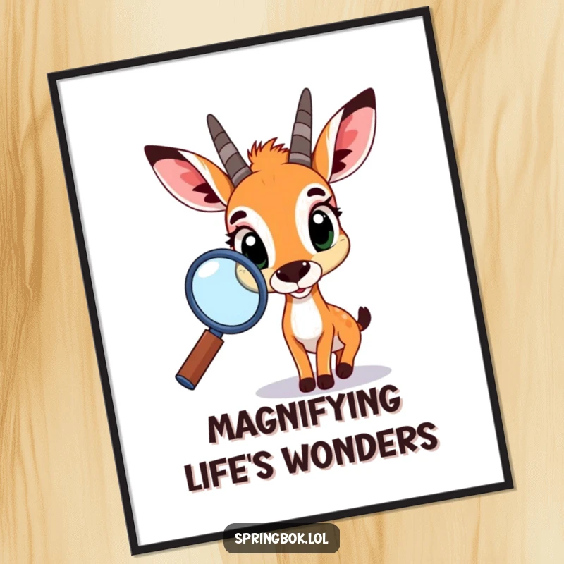 Funny springbok poster, showcasing a curious springbok peering through a large magnifying glass, a whimsical piece of art for any wall space.