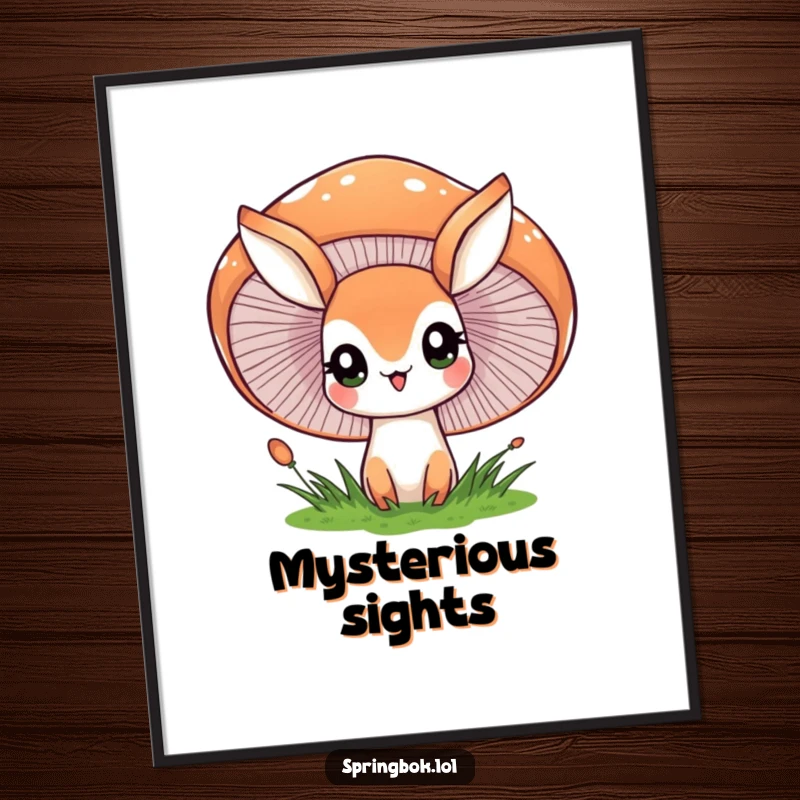 Funny poster art of a springbok character peeking with wide eyes from behind a large, cheerful mushroom, a scene of playful discovery.