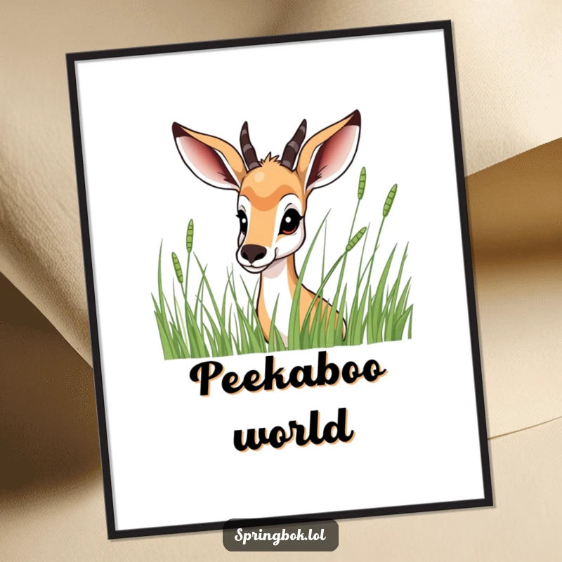Funny Springbok Poster: A springbok's head playfully emerging from behind a dense patch of tall grass, inviting viewers to discover it.